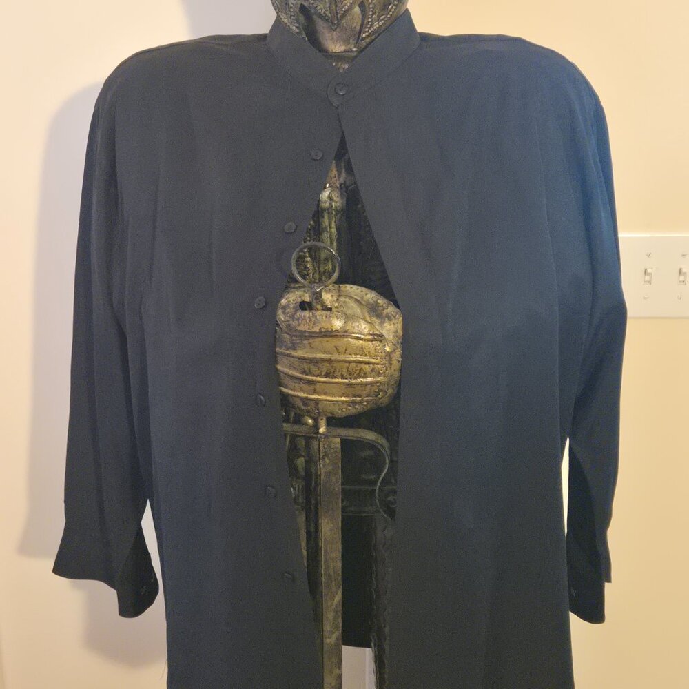 Classic, Vintage Domani Collection Black Mandarin Collar Shirt XL - Retro Style.